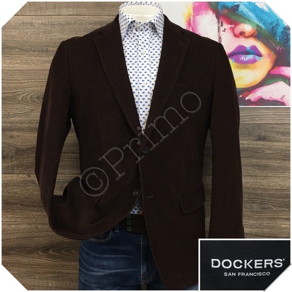 DOCKERS Mens Corduroy Blazer Sport Coat Casual Jacket Size 42R Brown Cotton Suit
